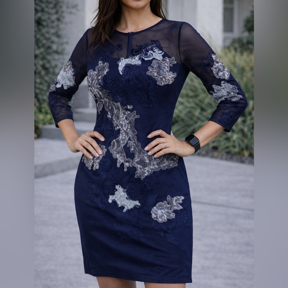 Karen Millen Navy Embroidered Lace Sheath Dress Mesh Sleeve UK 8 US 4